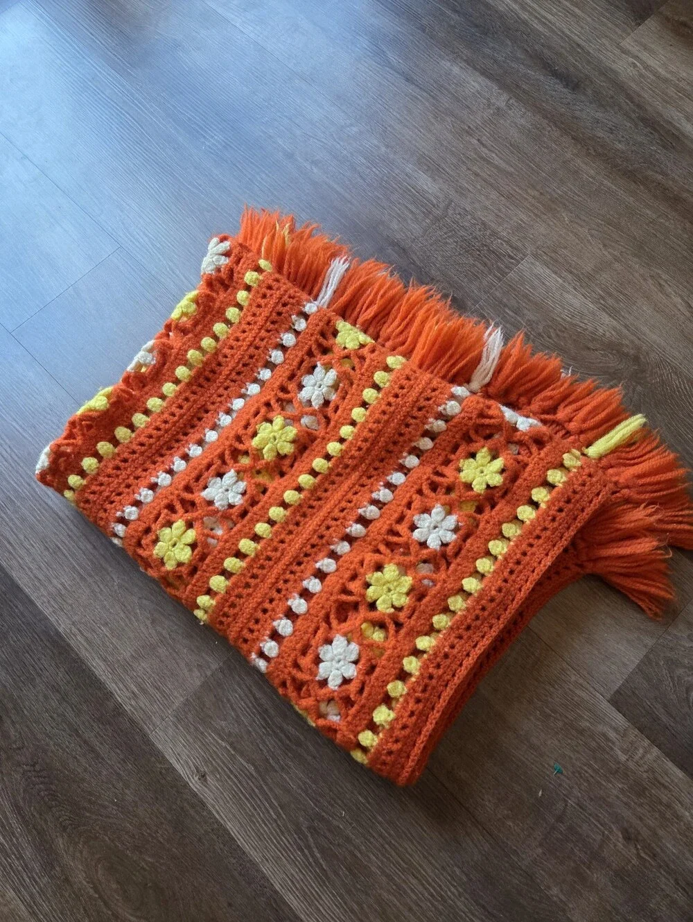 Vintage 70s Style Crochet Flower Pattern Orange Yellow Afghan Blanket w/Fringe